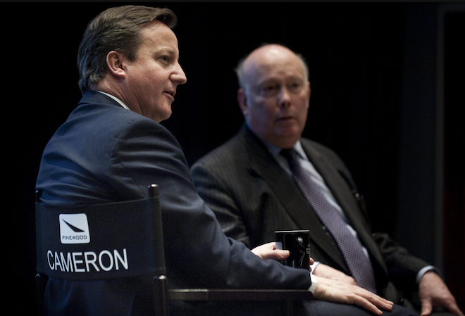 David Cameron sits in a directors chair at Pinewood - which they can reuse when a more worthy man named James visits