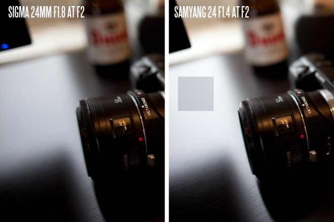 Samyang 24mm F1.4 exposure at F2 versus Sigma 24mm F1.8 at F2