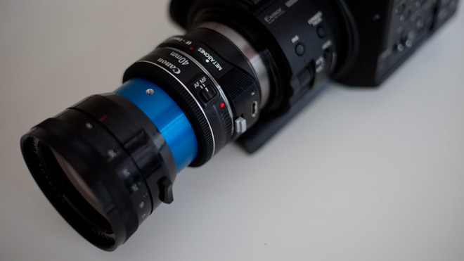 Canon EF 40mm on the FS100 with Metabones E mount adapter