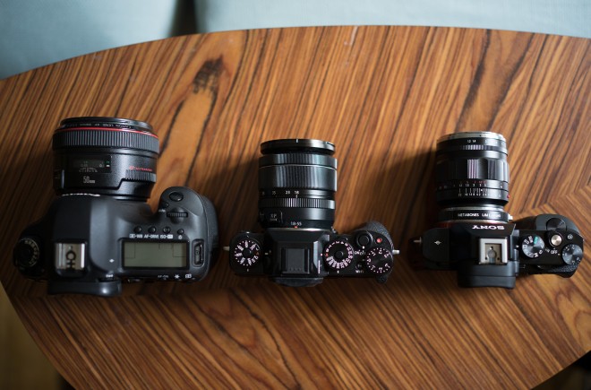 From left to right: 5D Mark III, Fuji X-T1 and Sony A7S
