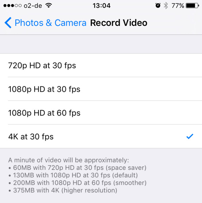 iPhone 6S 4K video setting