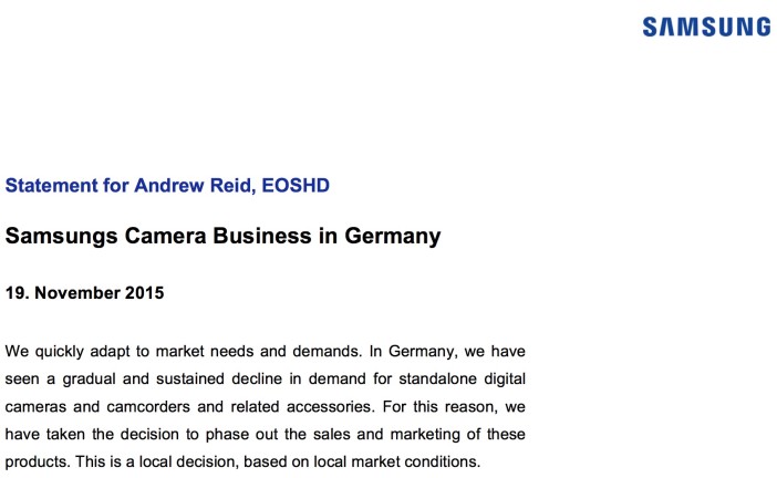 Above: Samsung's official statement to EOSHD regarding German camera market