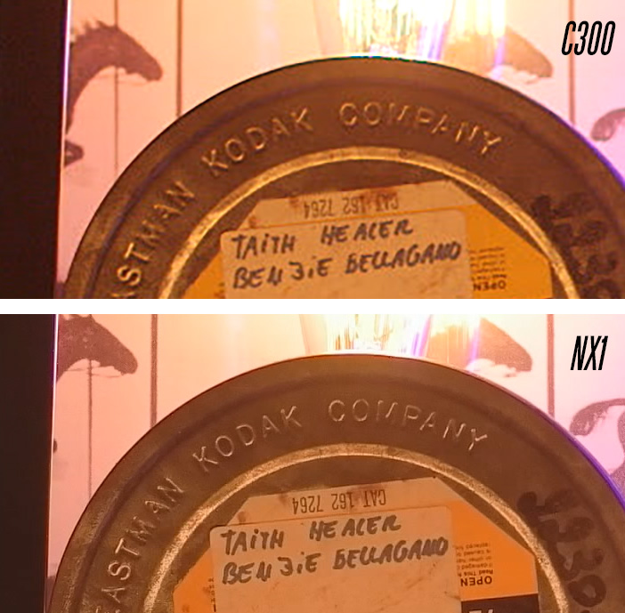 A magnified view (200%) of noise at ISO 850/800, C300 vs NX1