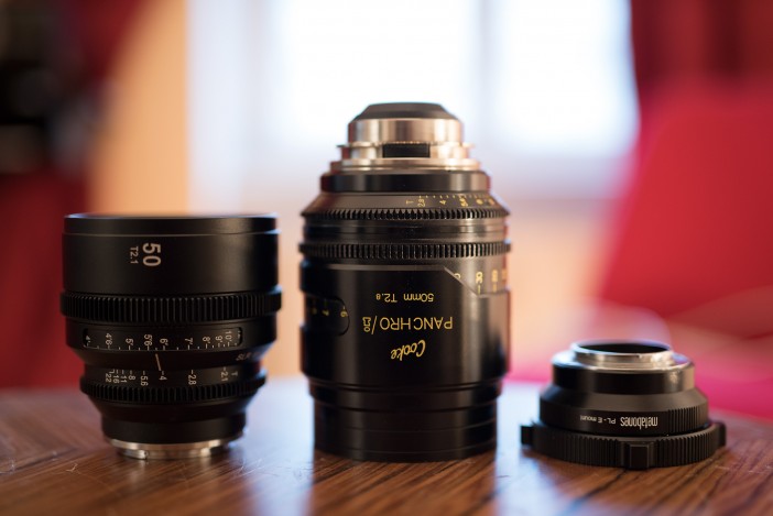 Left to right: SLR Magic APO Hyperprime CINE 50mm T2.1, Cooke S4i MINI 50mm T2.8, and the new Metabones PL to Sony E-Mount adapter