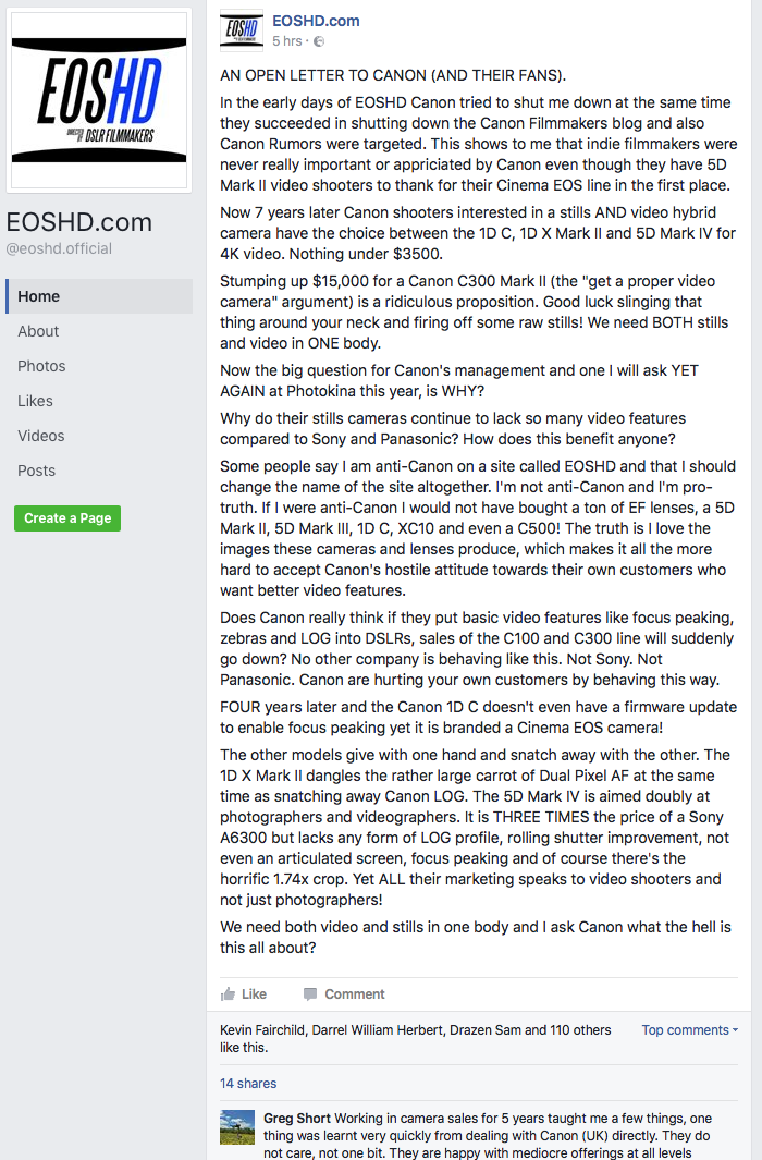 EOSHD Facebook post about Canon